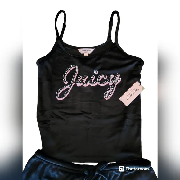 Juicy Couture 2 Piece  Velour Loungewear Short set, Black w/ Pink Studded Logo - Picture 7 of 8